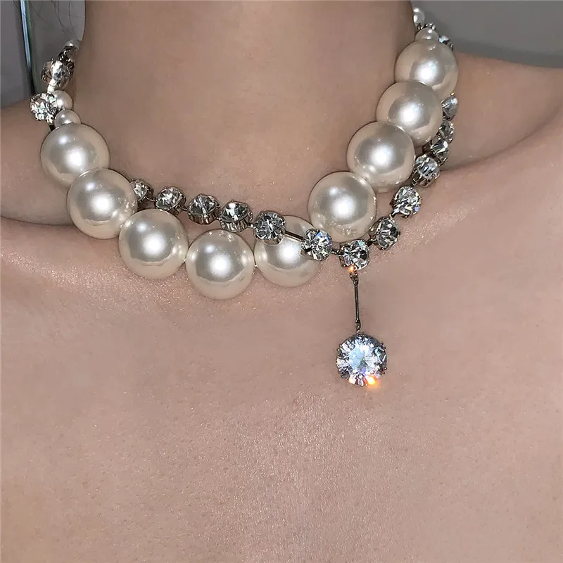 New Exaggerated Pearl Stitching Zircon Double Layer Necklace Girls Fashion Party Personality Clavicle Chain Jewelry Gift