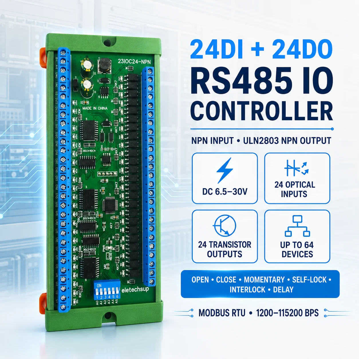 23IOC24 24CH RS485 Relay Module 10A Digital Output Board DIN Rail PLC Expansion for Industrial Automation Modbus RTU