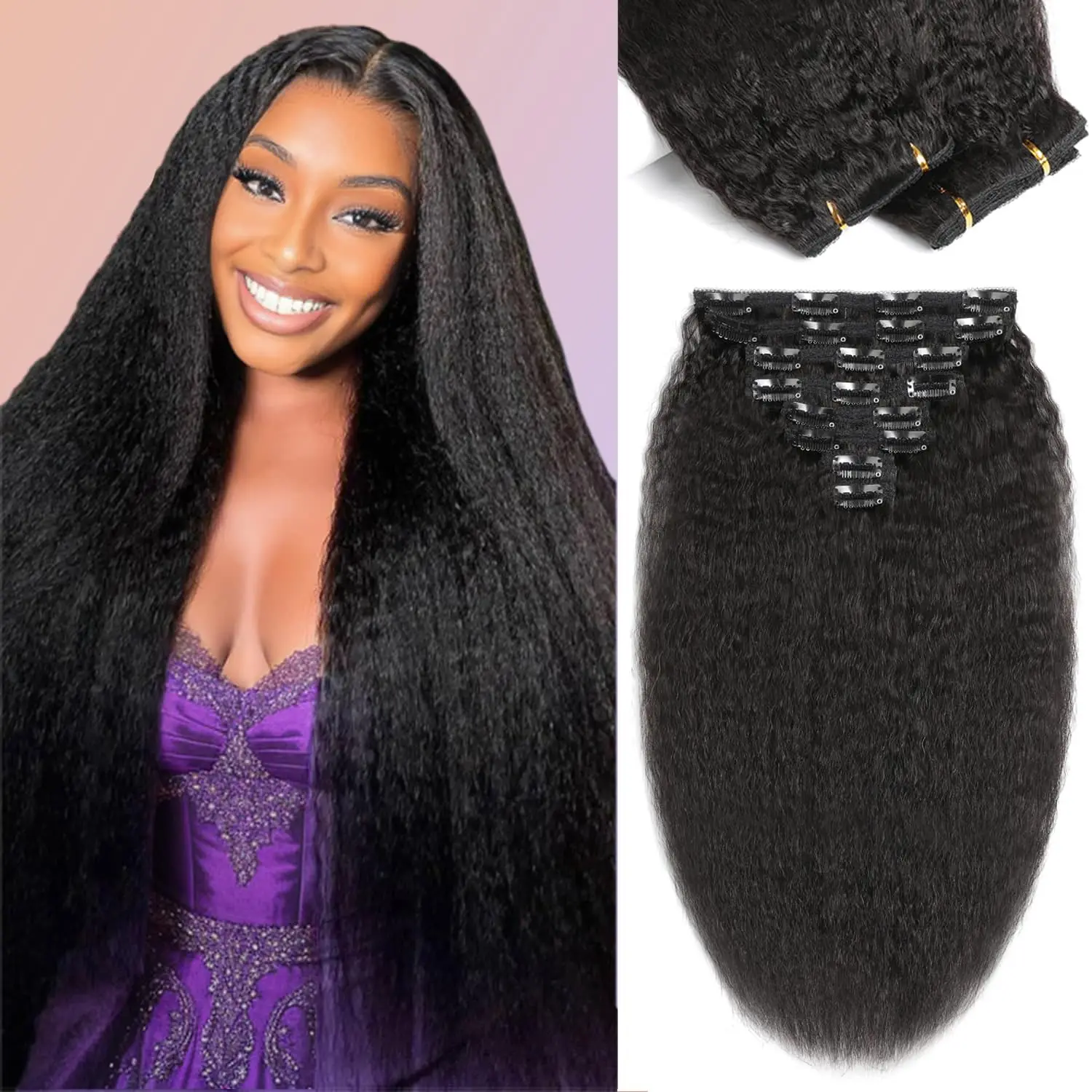 Kinky Straight Clip ins Clip in Hair Extensions 26 Inch Remy Seamless Clip in Hair Extensions Human Hair Clip in for Black Women