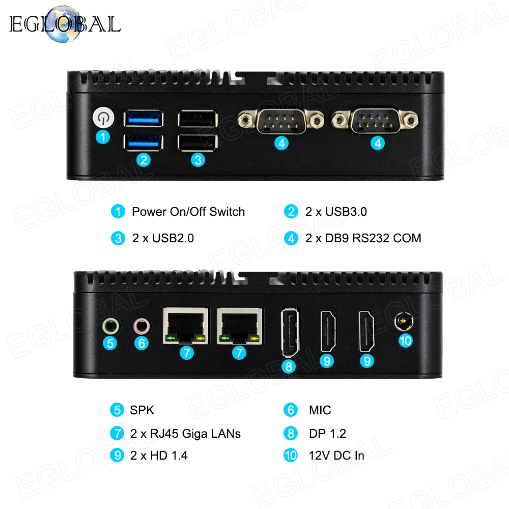 Eglobal Intel 12th Gen Elkhart Lake J6412 6413 N95 N100 Fanless Mini PC Dual LAN 2x RS232 Windows 11 Linux Industrial Computer