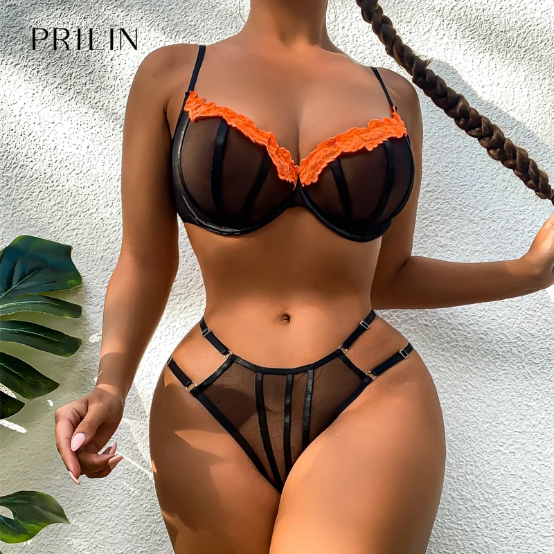 

PRILIN Lace Push Up Bra Erotic Thong Black Sexy Women Lingerie Perspective Transparent Underwear Set