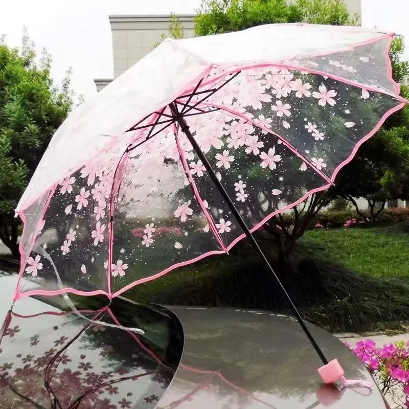 Pogrubienie przezroczysty trzystopniowe parasol przeciwdeszczowy japoński kwiat wiśni plastikowe pcv wyczyść Falbala parasole kobiety parapluie — zdjęcie 2