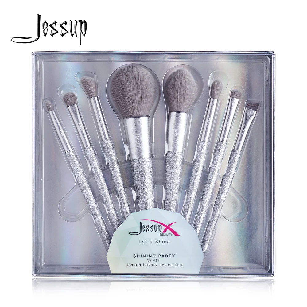 Jessup-Pinceau de maquillage 8 pièces, brosse à poudre, fard à barrage, fond de teint, cheveux synthétiques, boîte cadeau, fête brillante