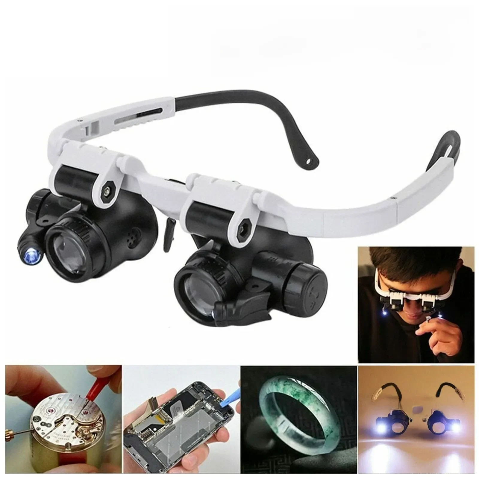 2XLED Relógio Joalheiro Reparação Lupa Cabeça-Montado Headband Ajustável Lupa Cabeça Olho Óculos