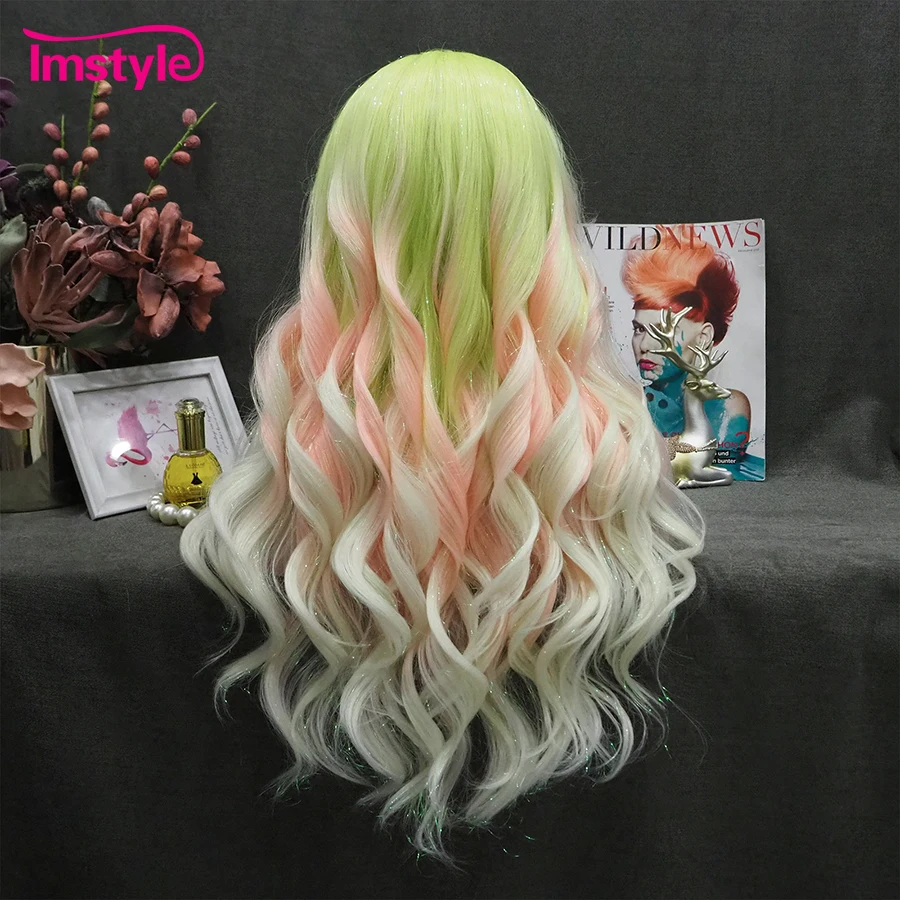 Imstyle Synthetic Lace Front Wig Tinsel Wig Ombre Green Pink Wig Long Wavy Wig For Party Drag Wig