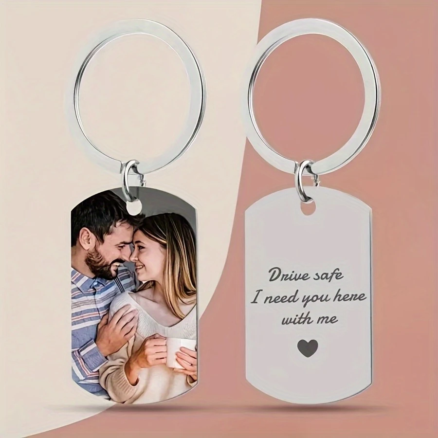 Personalized Double Sided Laser Engraved Dog Tag Photo Keychain Metal Gift Couple Men Women Valentine Mother Father Day Keepsake