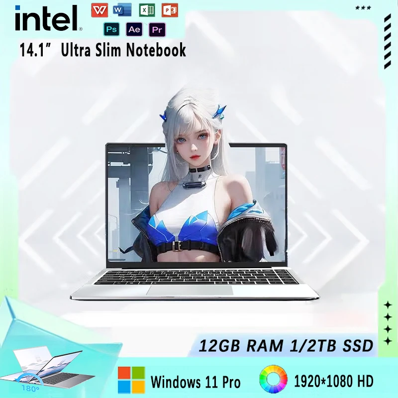 2025 NEW Laptop Windows 11 Intel  J4025 180° Folding Slim Laptop Gamer 12GB RAM 512GB 1TB SSD 1920*1080 Office Study Computer PC