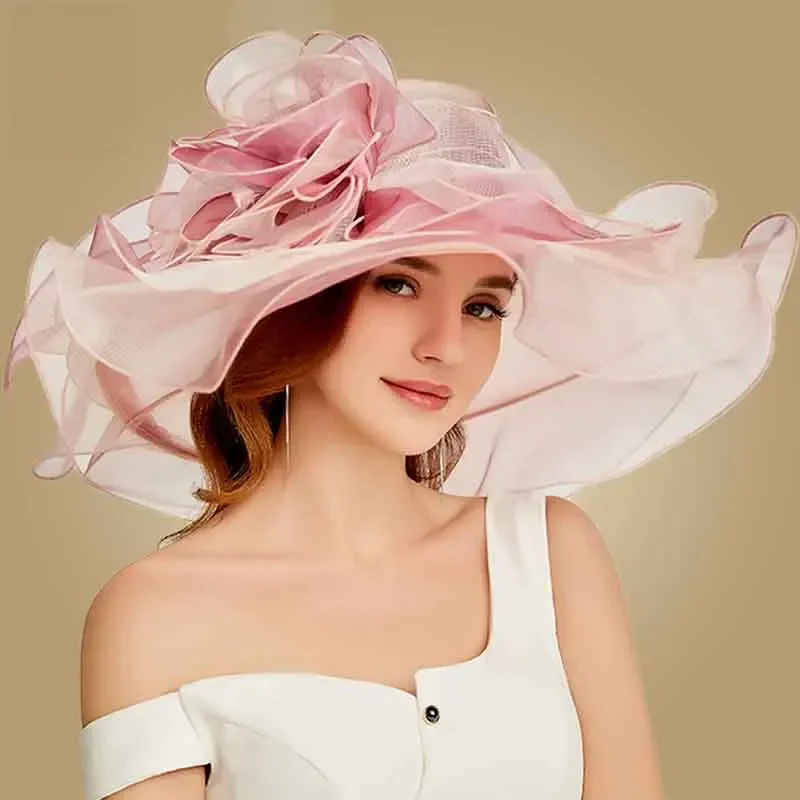 FS Pink Kentucky Derby Hat For Women Organza Sun Hats Flowers Elegant Wide Brim Ladies Wedding Tea Party Church Fedoras Hat — zdjęcie 2
