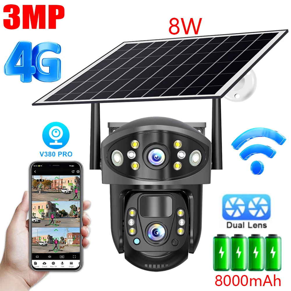 

3MP 4G Camera Security Wifi 8W Solar Panel Charge HD Dual Lens Outdoor Camera 8000mAh Li-battery 360 degress Rotation Waterproof