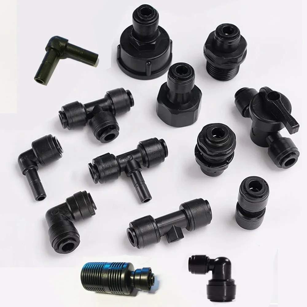 Raccord d'eau RO noir, té coudé droit, tuyau d'accouplement POM, tuyau PE, connecteur de cloison en verre, pièces de filtre à eau, 1/4 "6.35mm