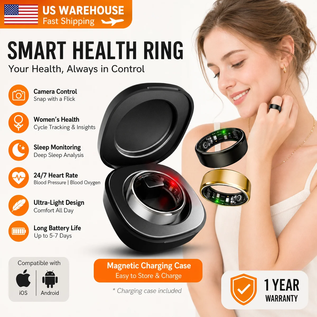 Women Smart ring for Men couple Smartring Gift Women's Physiological Health Monitor Heart Rate Blood Preasure Oxygen Monitoring Ring With Charge Box Sleep and Sport Record Waterproof Sport Ring New Technology 2026