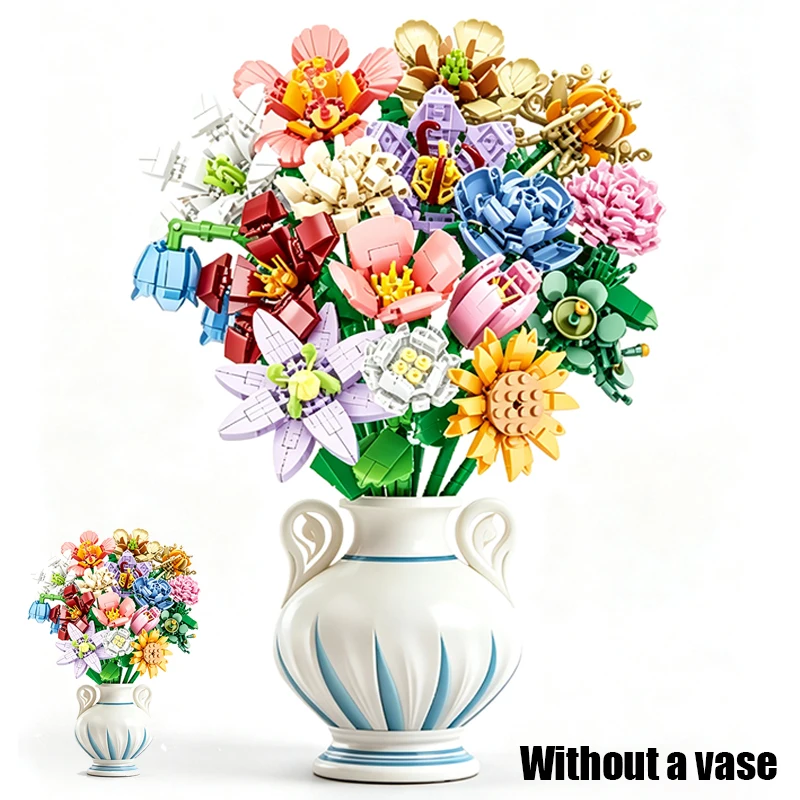 DIY Building Blocks Puzzle Toy MOC Lily Red Flower Hibiscus Chrysanthemum Carnation Rose Jasmine Cotton Sunflower Tulip Gift