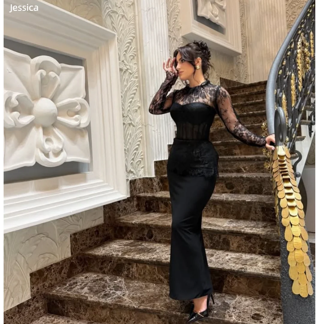 

Jessica High-necked Lace Embroidery Evening Dresses Black Prom Dresses Elegant And Slim-fitting Women Party Dresses