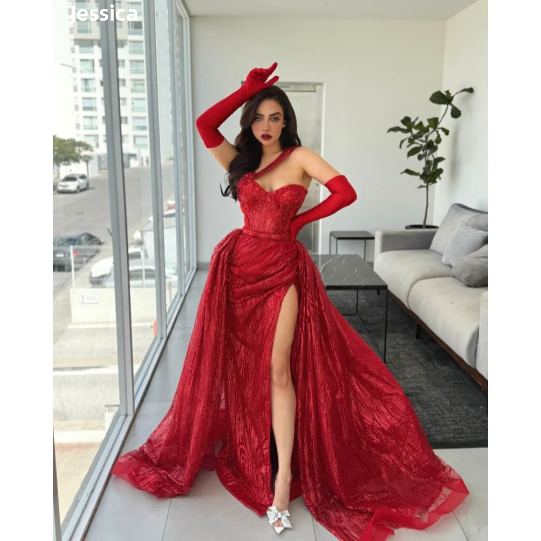 

Jessica Gorgeous Red Evening Dresses Glitter Lace Embroidery Prom Dresses Mermaid Side Slit Vestidos De Fiesta Customized