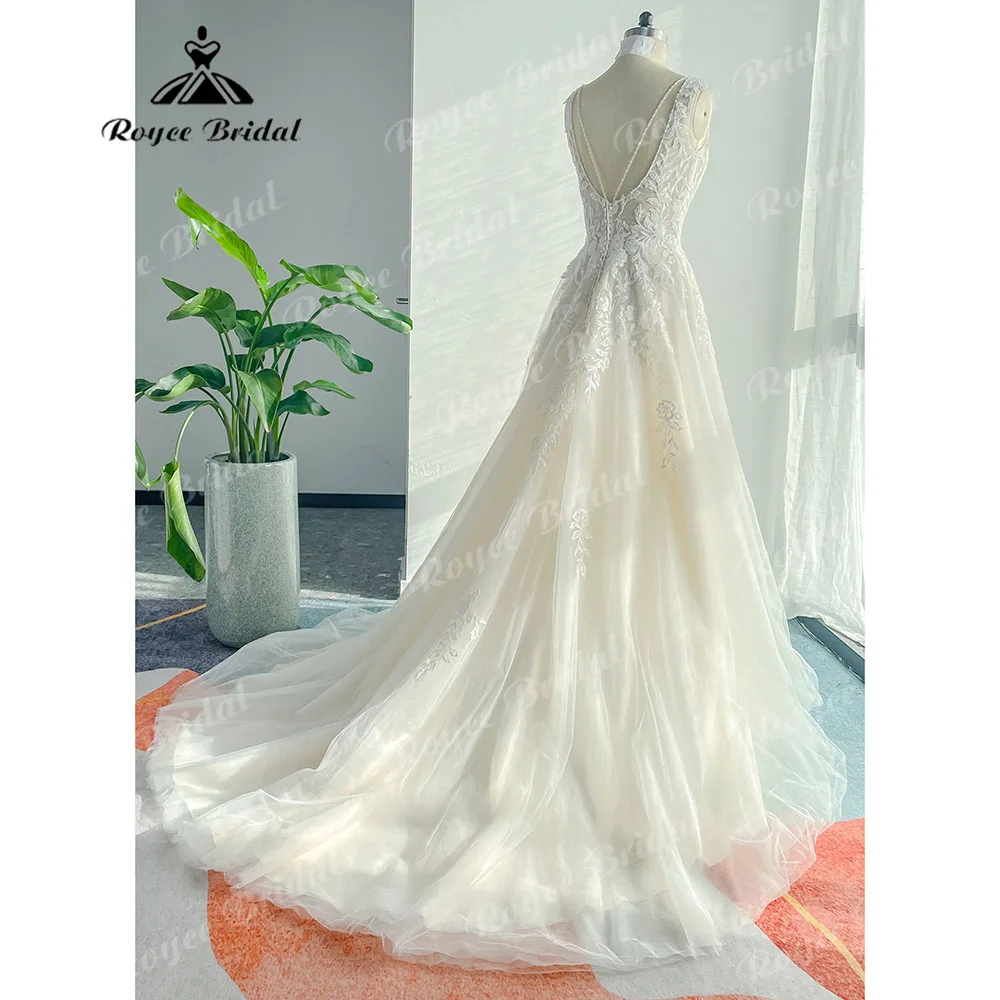 Abito da sposa senza maniche con applicazioni in pizzo con collo quadrato Vintage per donna 2024 abito da sposa con apertura sul retro Champagne abiti sposa