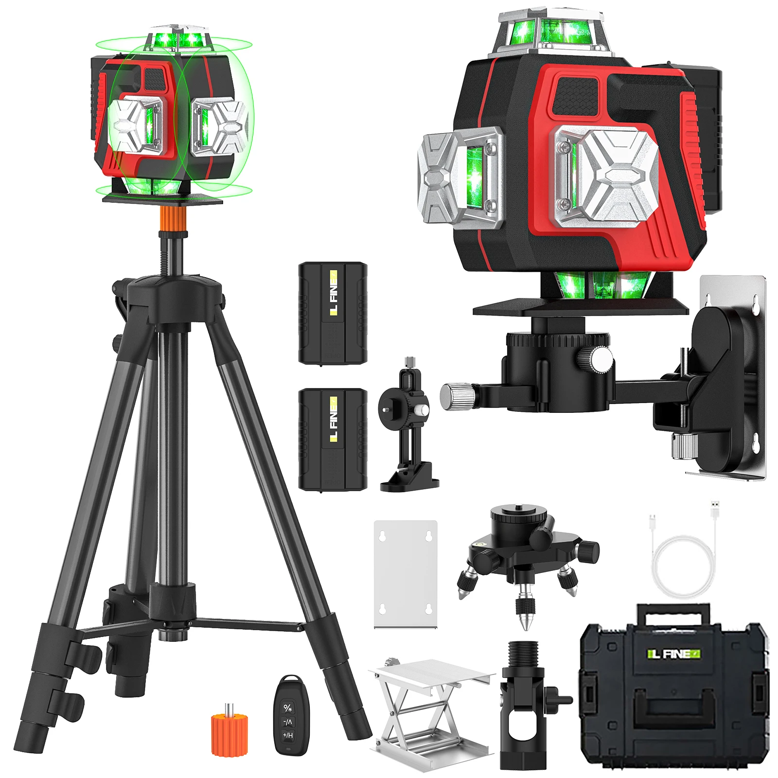 16-Linien-Laser-Nivelliergerät mit Stativ, grüne Linie, selbstnivellierend, 360° horizontal und vertikal, Fernbedienung, grüner Laserstrahl