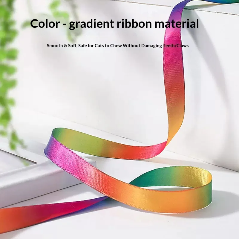Rainbow Ribbon Cat Teaser Wand Interactive Kitten Toy Colorful Satin Ribbon Cat Stick for Indoor Cats Playing Exercise