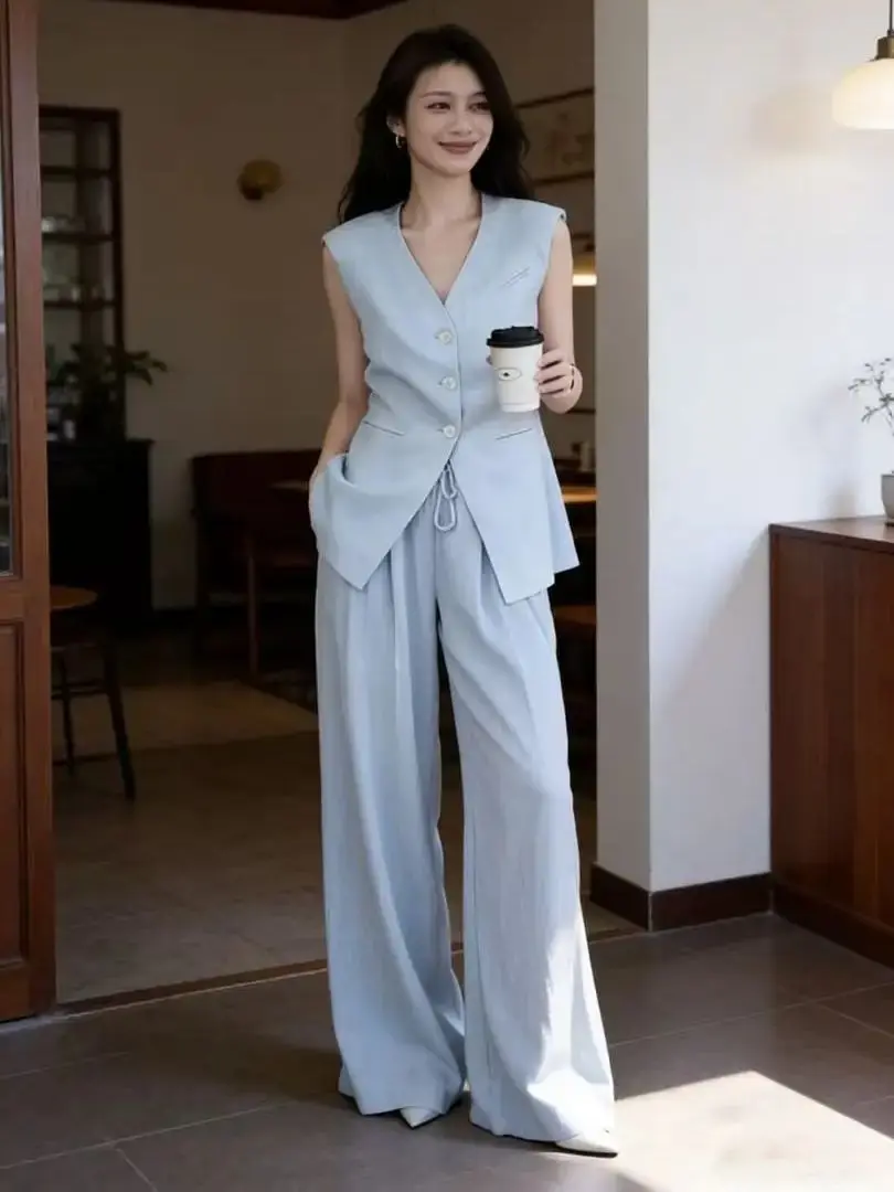 

Casual heavyweight pure linen V-neck vest and wide-leg pants two-piece set