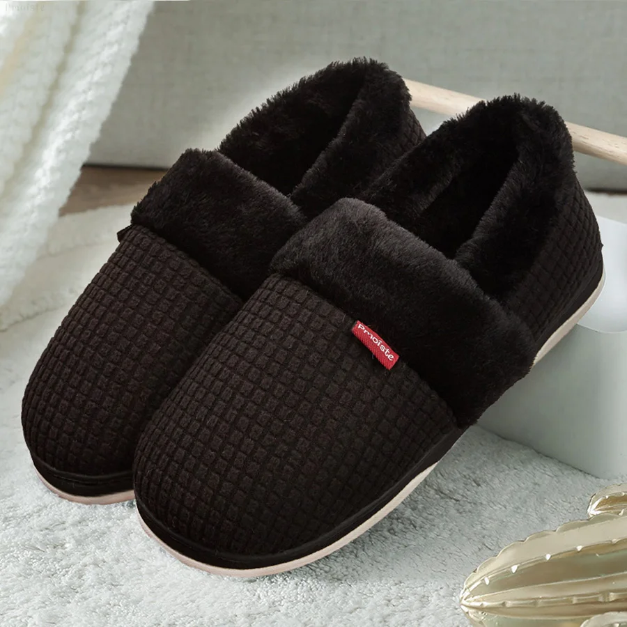 Winter Men Slippers PU Leather Memory Foam Warm Short Plush House Slippers for Man Soft Non-slip Couple Shoes Indoor/Outdoor