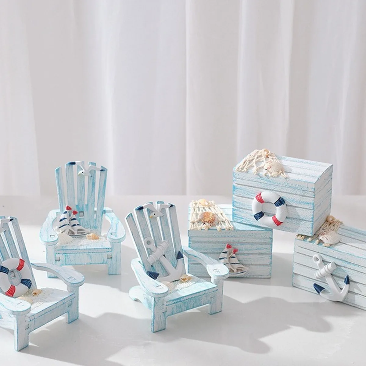 Mediterranean Mini Beach Chair and Box Decor Sets Pine Wood Coastal Table Ornaments