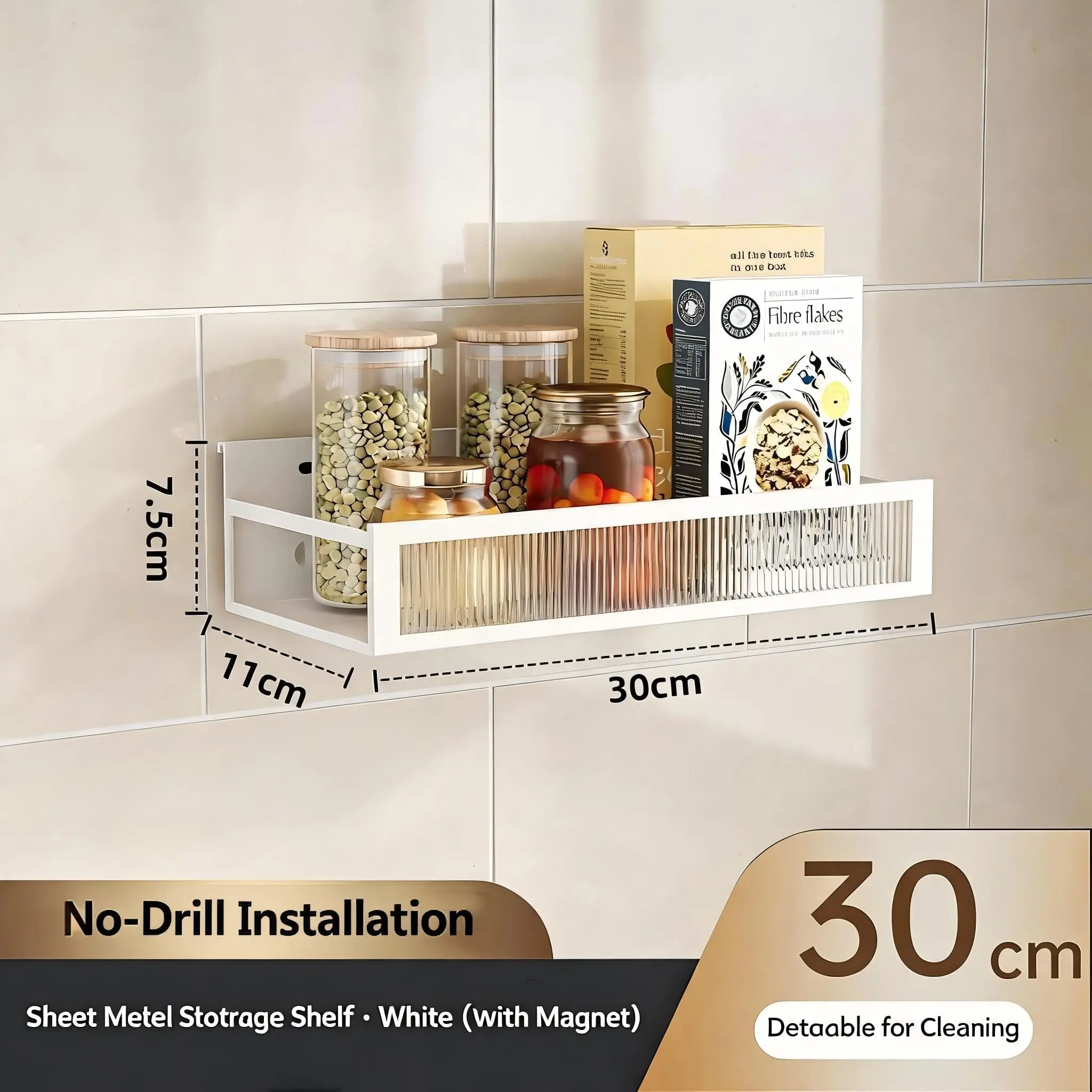 3-delige 30cm magnetische keukenopbergrek zonder boren, metalen kruidenorganizer met afneembare transparante beschermrail, sterke magnetische koelkastplanken, eenvoudig te installeren wandhouder voor