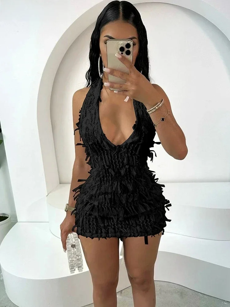 Weird Puss Sexy Halter Tassel Dress Women Y2K Elegant See Through Summer Trend Backless Skinny Stretch Midnight Bodycon Clubwear — zdjęcie 2