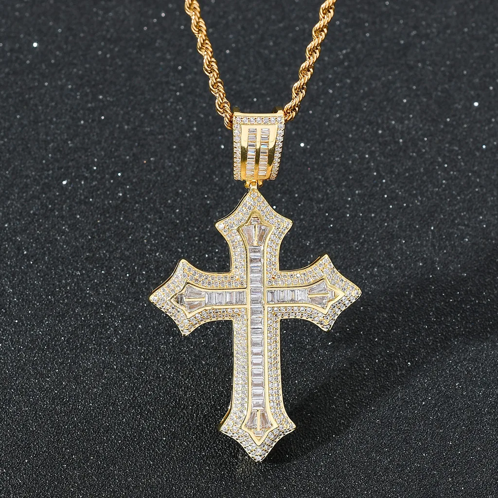 Hip Hop Jesus Cross Pendant Necklace Bling Square Baguette Cubic Zirconia 18K Gold Plated Iced Out Rapper Jewelry for Men Women