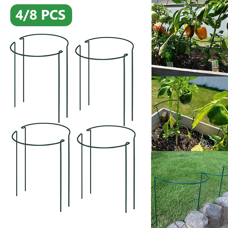 4 /8 PCS Plant Support Pile Half Round Ring Stake Outdoor Garden Flower Vine Metal Climbing Holder Vegetables Fixed Rod Rack