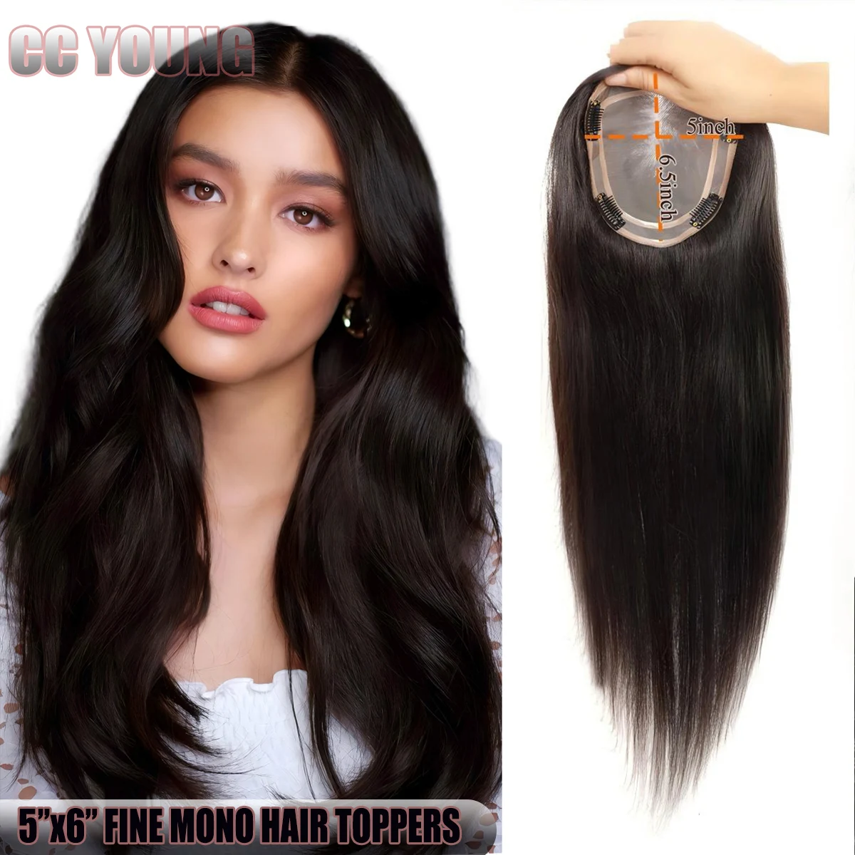 100% Human Hair Topper For Women Breathable Fine Mono Base Clip-in Hairpiece Cover Gray Or Thin Hair  Natural Seamless Blend