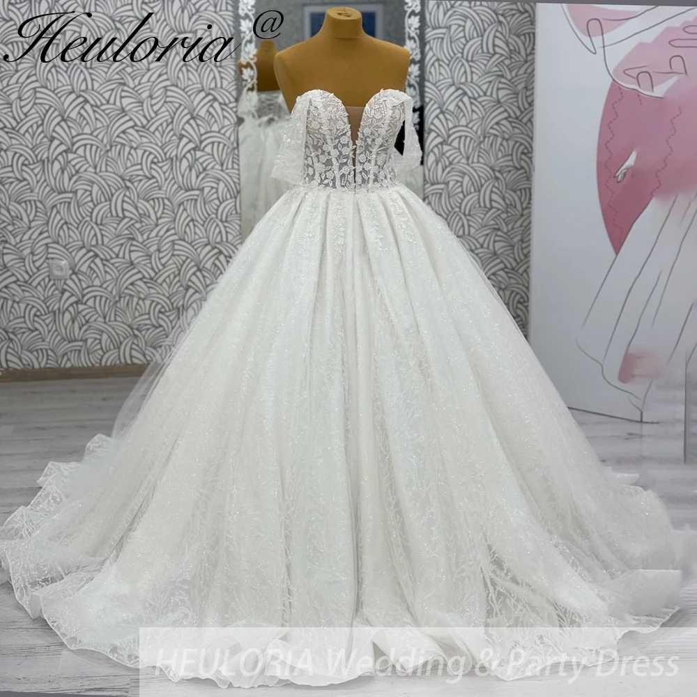 

Свадебное платье принцессы с открытыми плечами, блестящее блестящее платье невесты на шнуровке, большие размеры, халат де Мари, кружевное свадебное платье с бисером