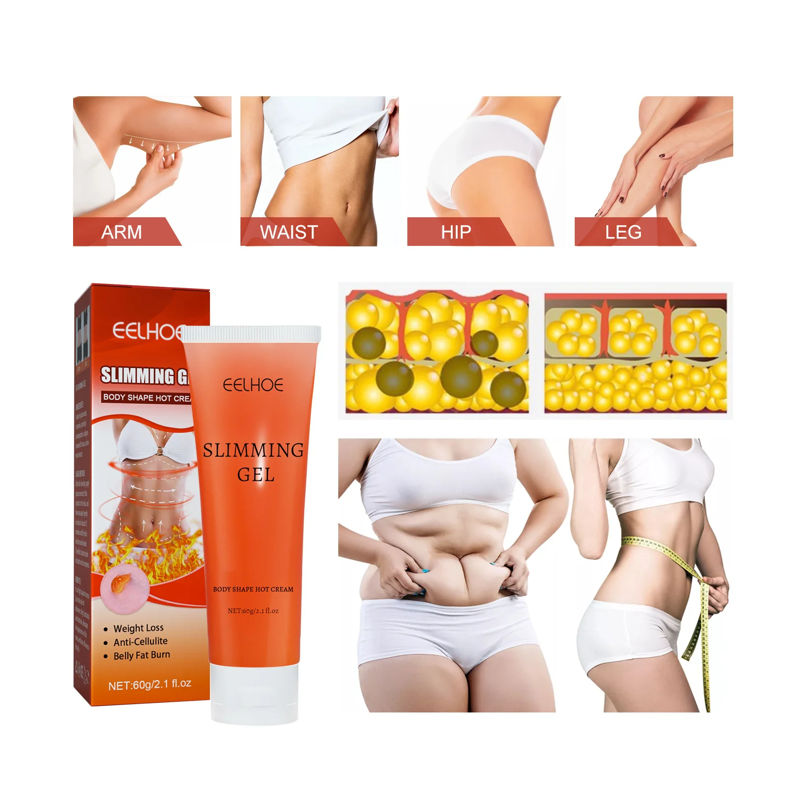 B-Urning Gel Emagrecedor, Promover o Metabolismo, Reduzir a Celulite da Perna, Firmamento da Barriga, Apertando a Cintura Fina, Braço, Creme Corporal Abdominal