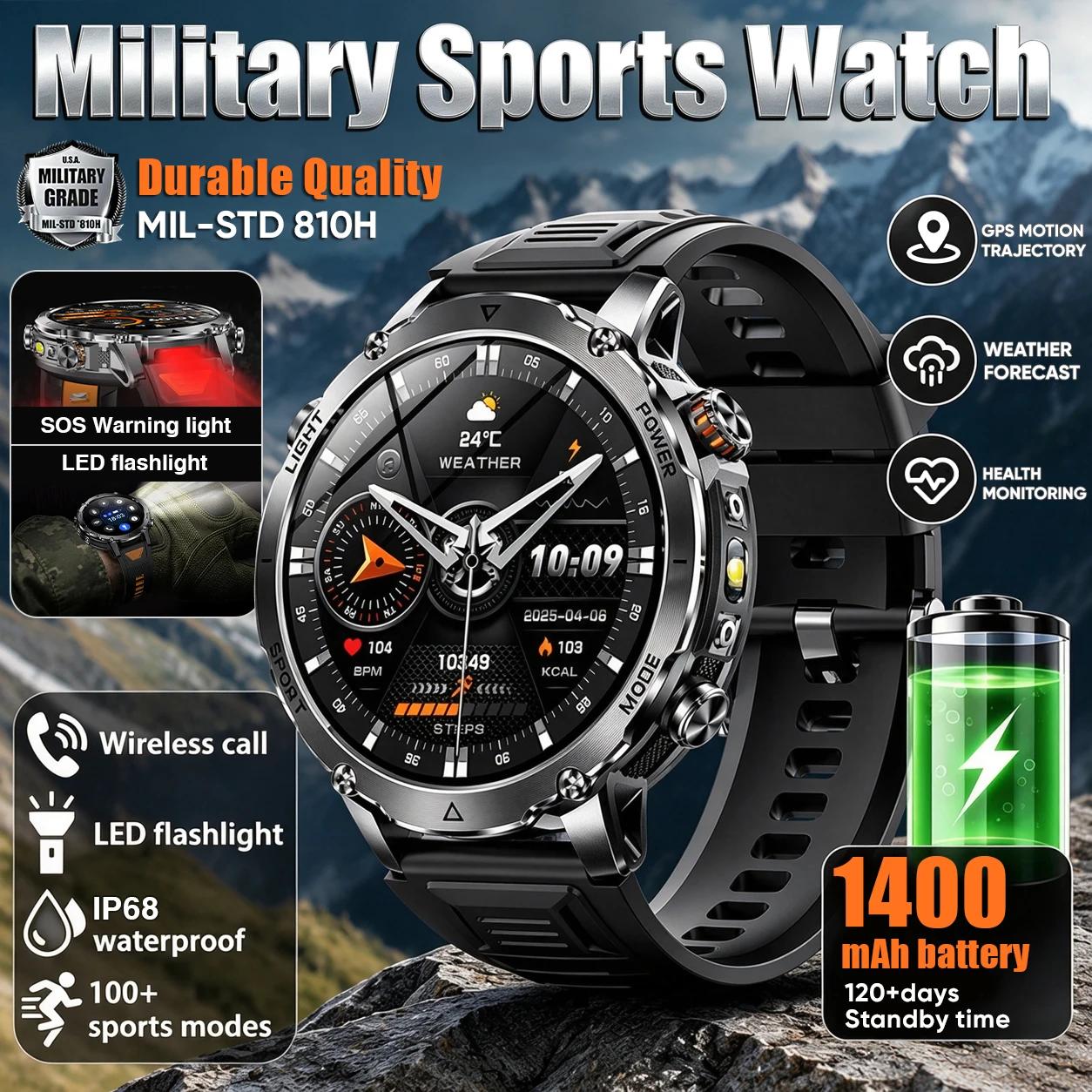 Nouvelle Montre Connectée Militaire d'Extérieur 2026 avec Grande Batterie 1400mAh, Écran AMOLED 1,7'', Étanchéité IP68K, Lampe Torche Tactique LED, Appel Bluetooth, Plus de 100 Sports, Montre Intelligente de Fitness pour Hommes