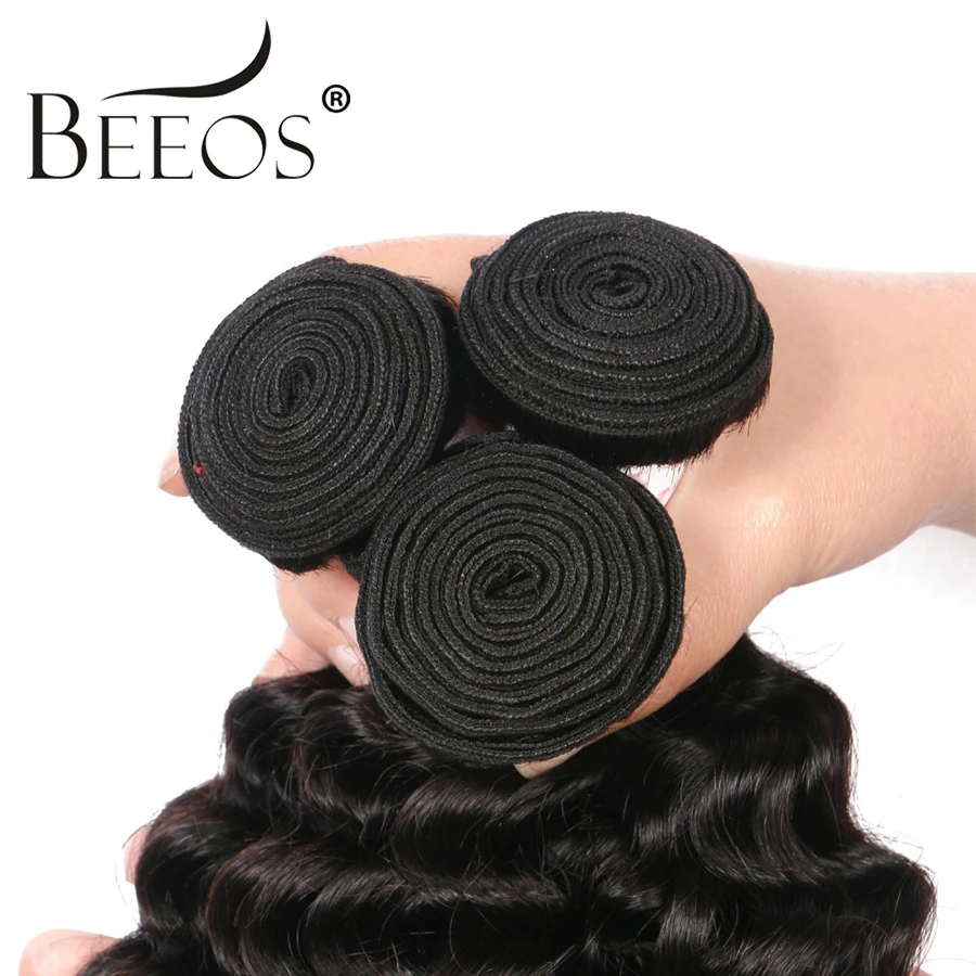 BEEOS Natural Deep Wave Bundles Double Weft Hair Extension Human Hair Deep Curly Brazilian Remy Weave Bundles 1/3 Pieces 40in