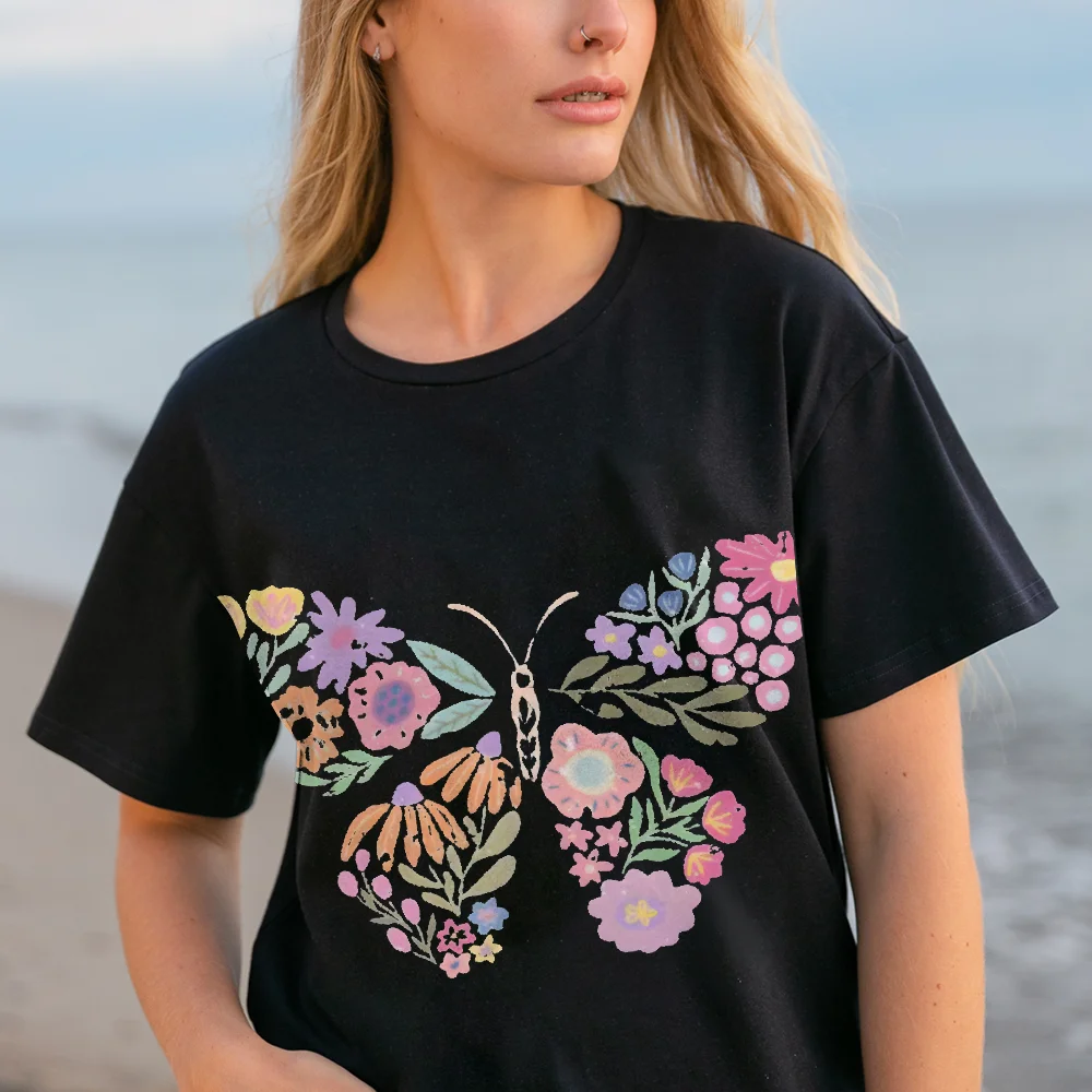 

Butterfly Flower Leaves Colorful Female Cotton Streetwear Graphic Inspired Casual Short Sleeve Summer Daily Semisheer Effect