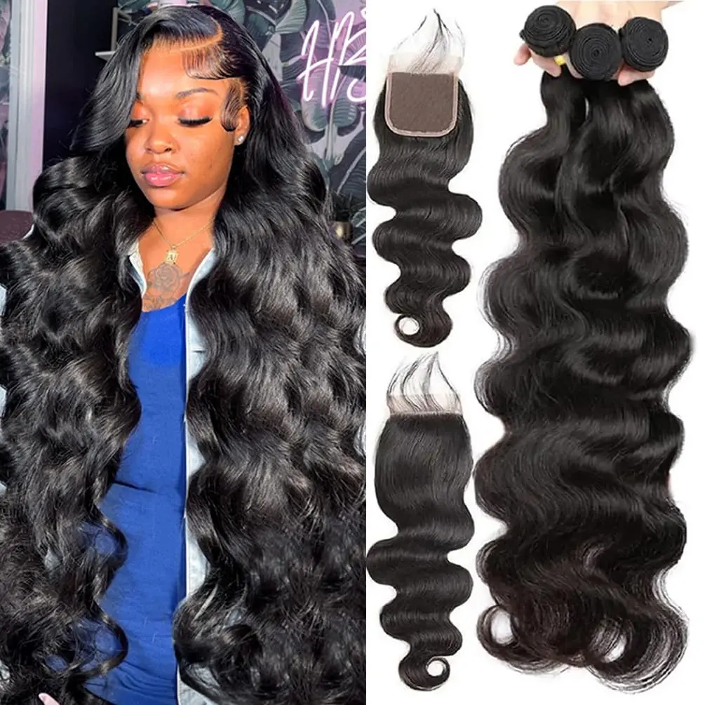 

Body Wave Bundles with Closure Human Hair Brazilian 3 Bundle with 4x4 Lace Closure Free Part Virgin Hair Natural Color for Women