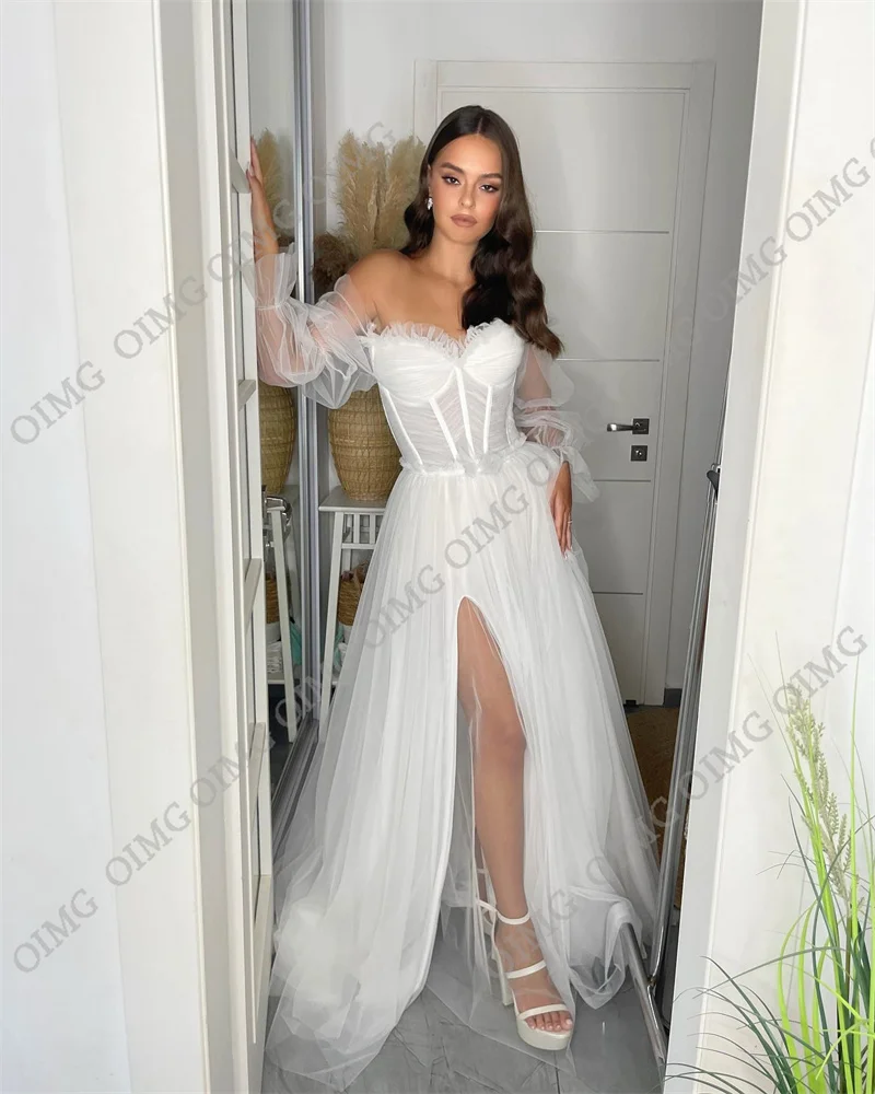 OIMG Elegant A Line Tulle Long Formal Wedding Dresses Side Slit Off Shoulder Long Bride Princess Bridal Gowns Dress Vestidos