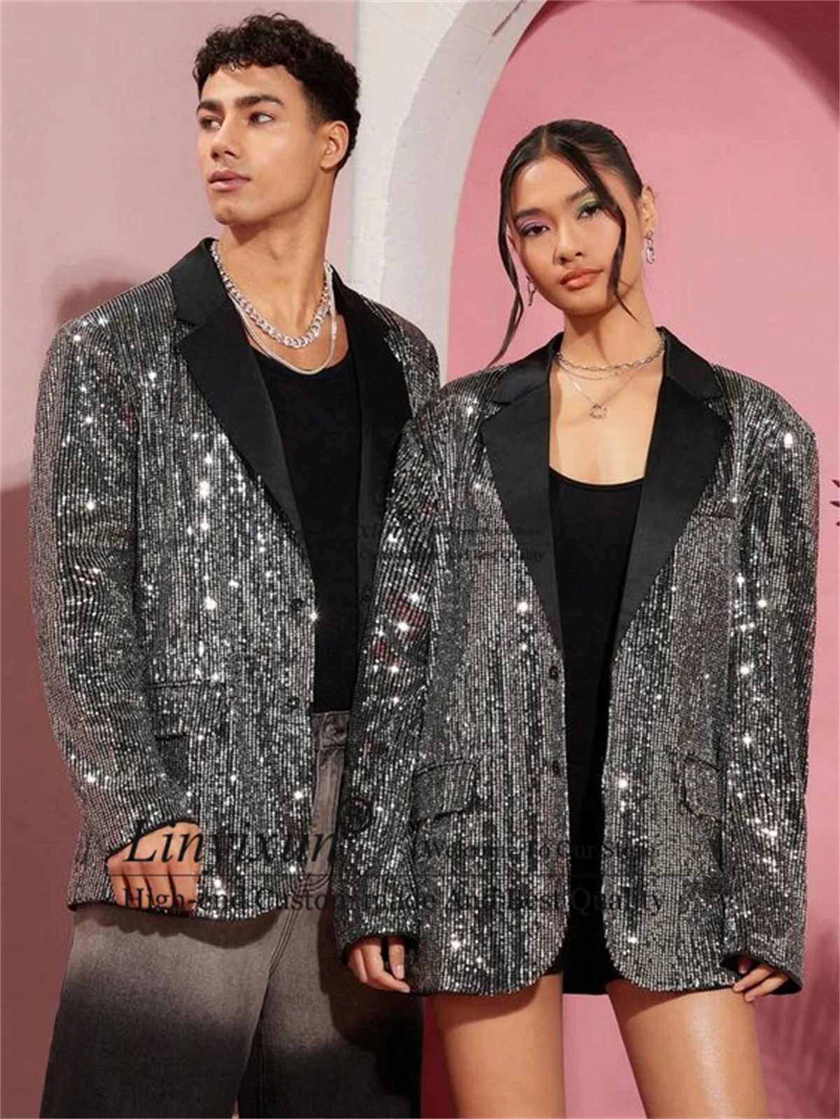 

Glitter Sequin Wedding Mens Suit &Suit Women Peak Lapel Groomsmen Prom Blazer 1Pieces Sets Coats Fashion Party Women Cloths
