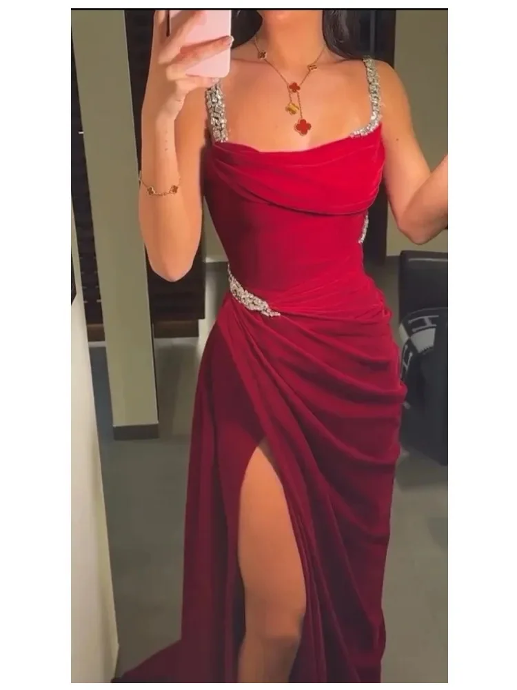 Red Long Party Dresses Front Split Pleats Elegant Luxury Evening Dress 2024 Spaghett Dresses for Formal Occasions Fashionable