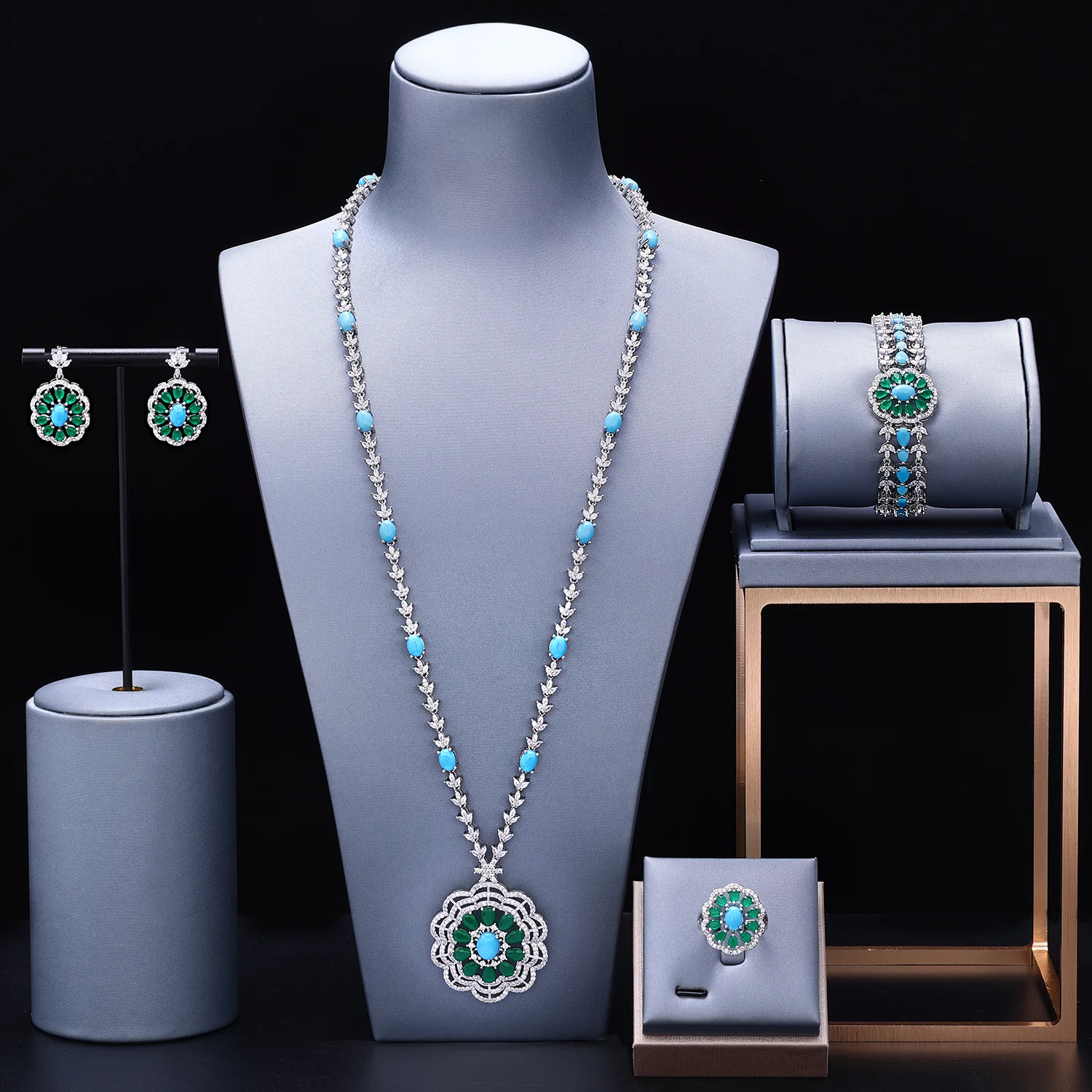 

New Fashion Turquoise UAE Dubai Bridal Jewelry Set For Women Wedding Party Nigerian African Necklace Earring Set