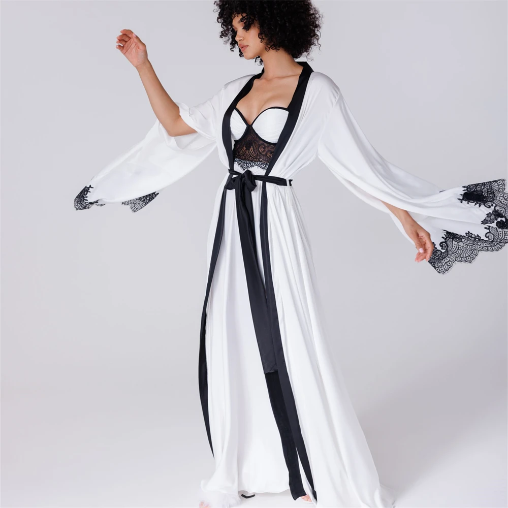 Elegant Two-pieces Black And White Long Sleeves Bride Robe For Wedding Sexy Lace Bridal Shower Dress Women Night Gwons 2024