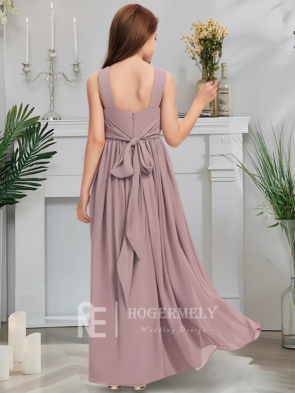 B V ネック ジュニア ブライズメイド ドレス トワイライト モーブ フラワー ガール ドレス フロアレングス シフォン カスケード リボン プリーツ 結婚式