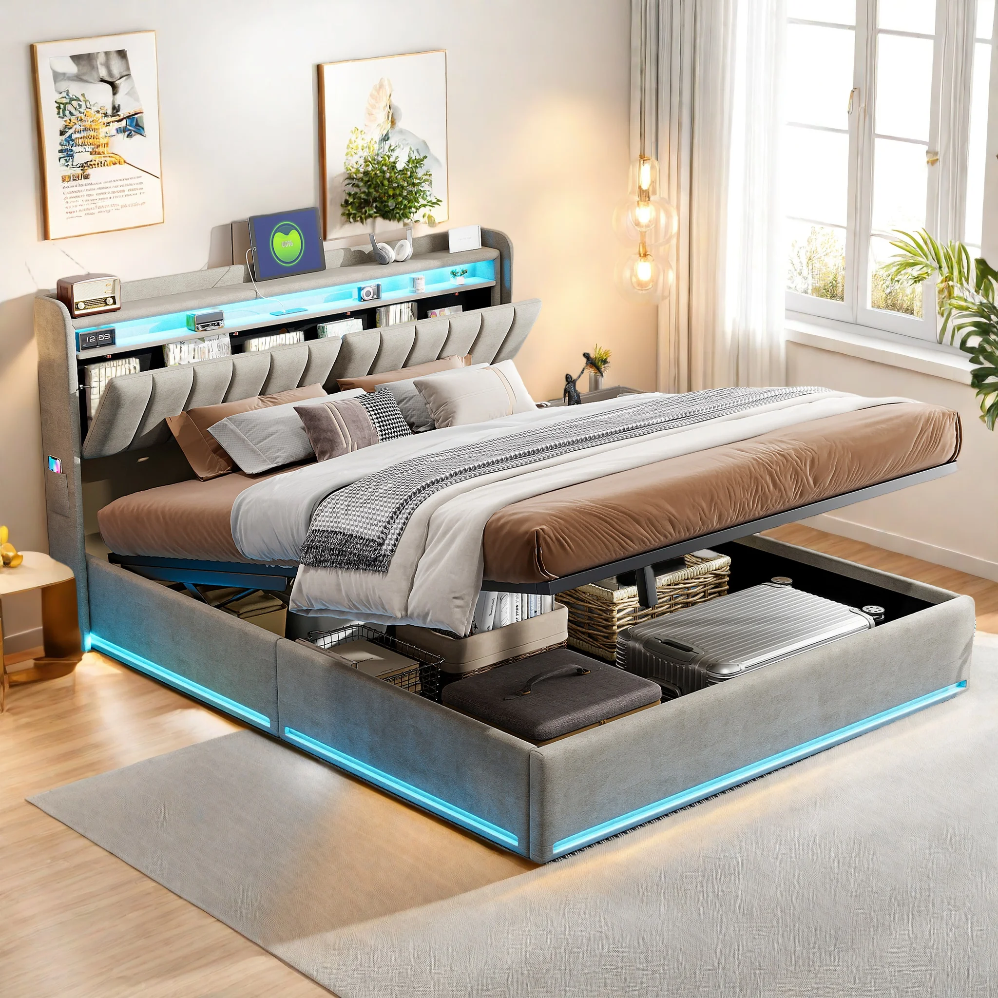 Łóżko podwójne tapicerowane Anajqaqia 160x200cm, zagłówek z miejscem do przechowywania i listwą oświetleniową, port ładowania USB, aksamit, szary