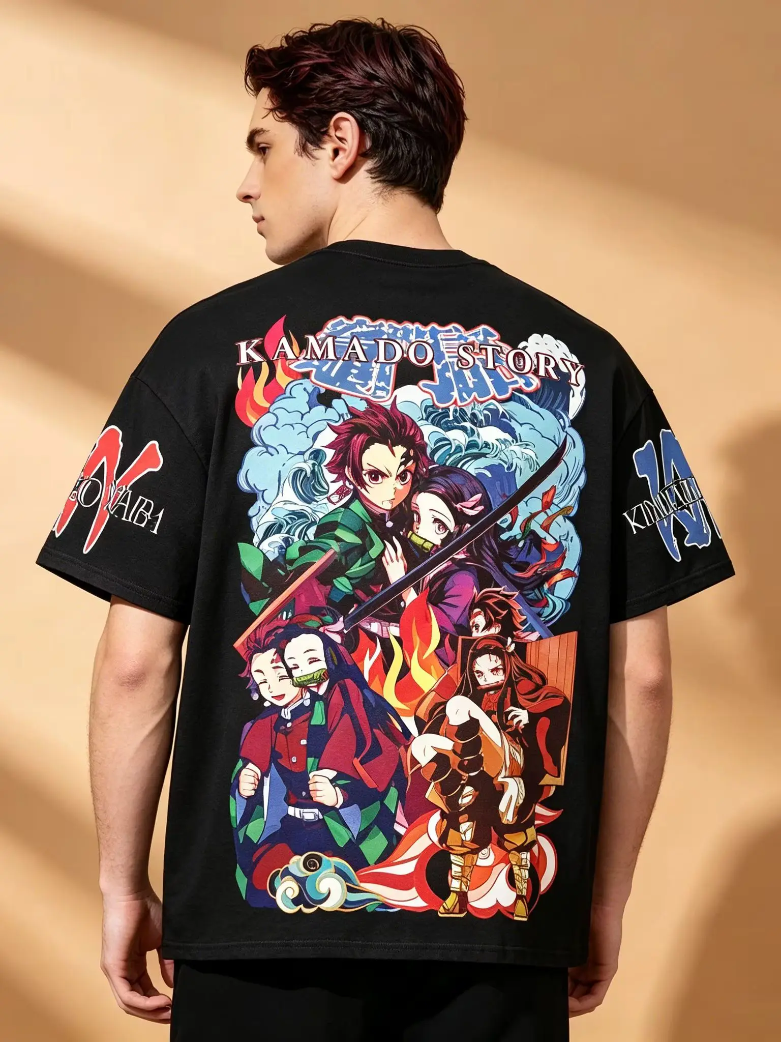 Herren Demon Slayer Kamado Family T-Shirt mit passendem Grafikdruck vorne und hinten, Tanjiro Nezuko Anime Otaku Streetwear Kurzarm Casual – Detail 4