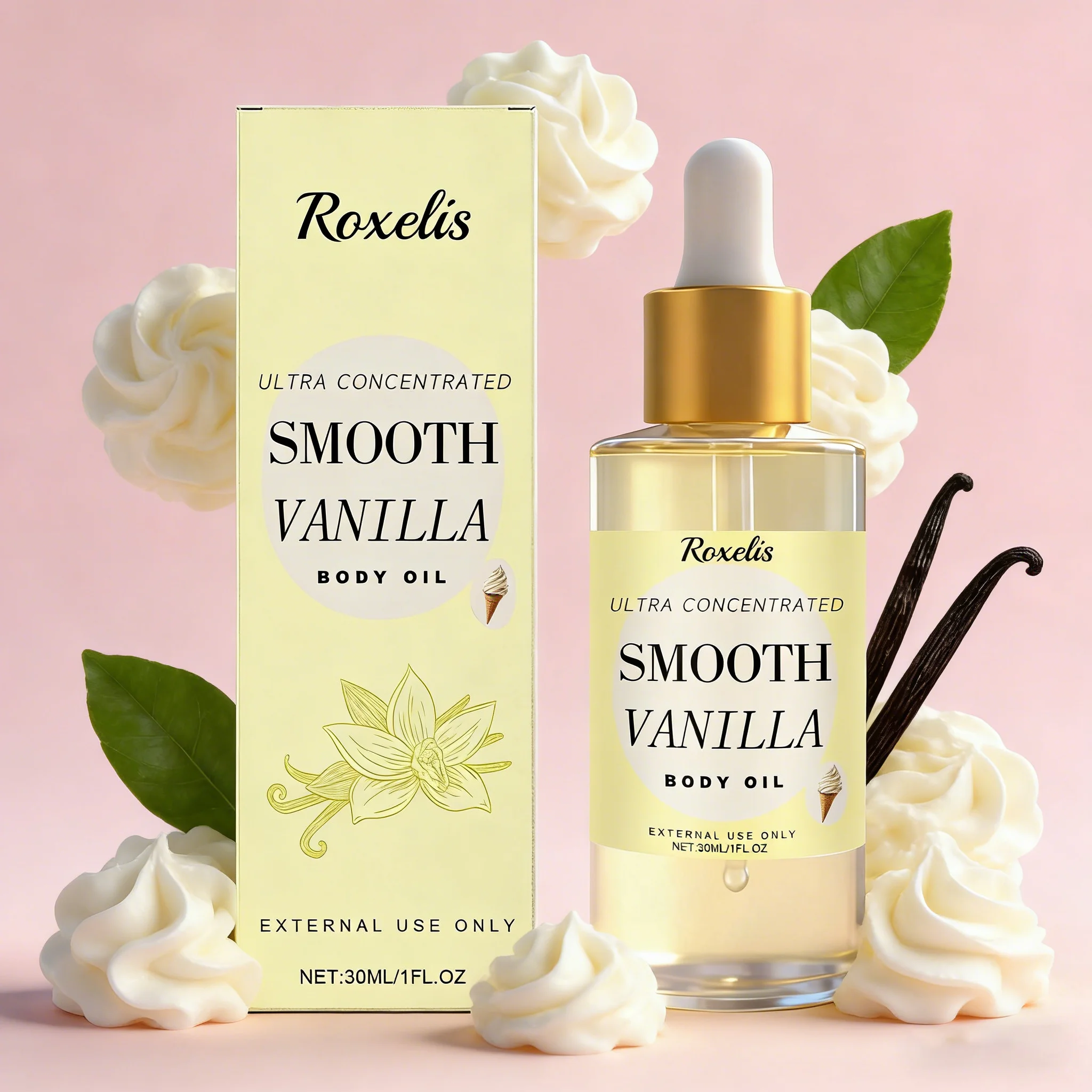 

Roxelis 30ml Vanilla Cream Rich Fragrance Body Oil Milk Fragrance Light Texture Moisturizes and Nourishes Body Oils
