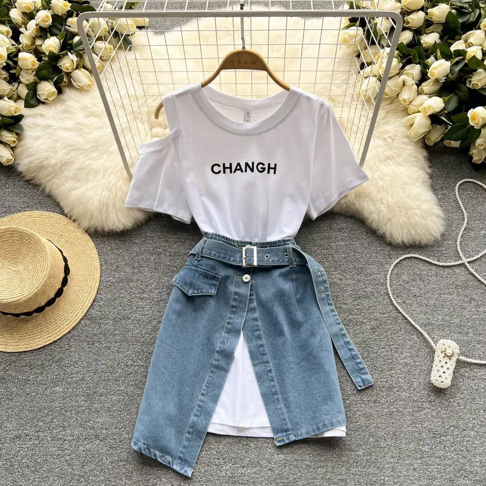 Women Round Neck Letter Print Long Tee High Waist Jean Skirt 2Piece Set Women Off The Shoulder Denim Skirt Set Female