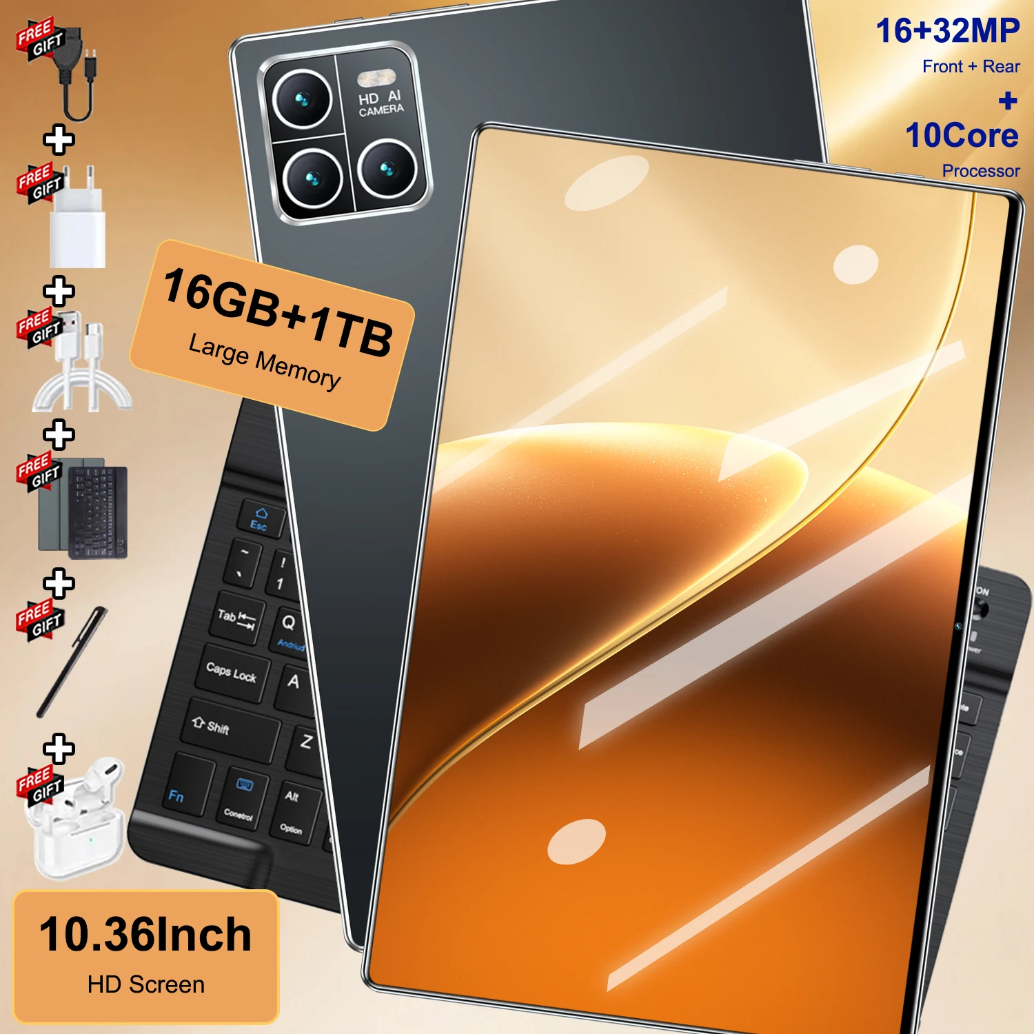 Android 13 20000mAh 16MP+32MP 16GB+1TB 5G Versão Global Tablet 10,36 Polegadas WPS+5G WiFi Bluetooth Dual SIM Tablet com Função de Chamada