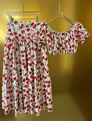 Luxury Designer Summer Women Cherry Print 2 Piece Set High Quality Cotton Off-Shoulder Top & Maxi Skirt Fashion Vacation Outfit