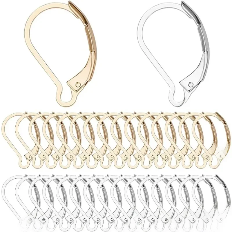 1 pudełko 60 sztuk srebrne 24-karatowe pozłacane złote francuskie haczyki na kolczyki Leverback kolczyki ustalenia Leverbacks 6.5x10mm dźwignia z powrotem kolczyki — zdjęcie 2