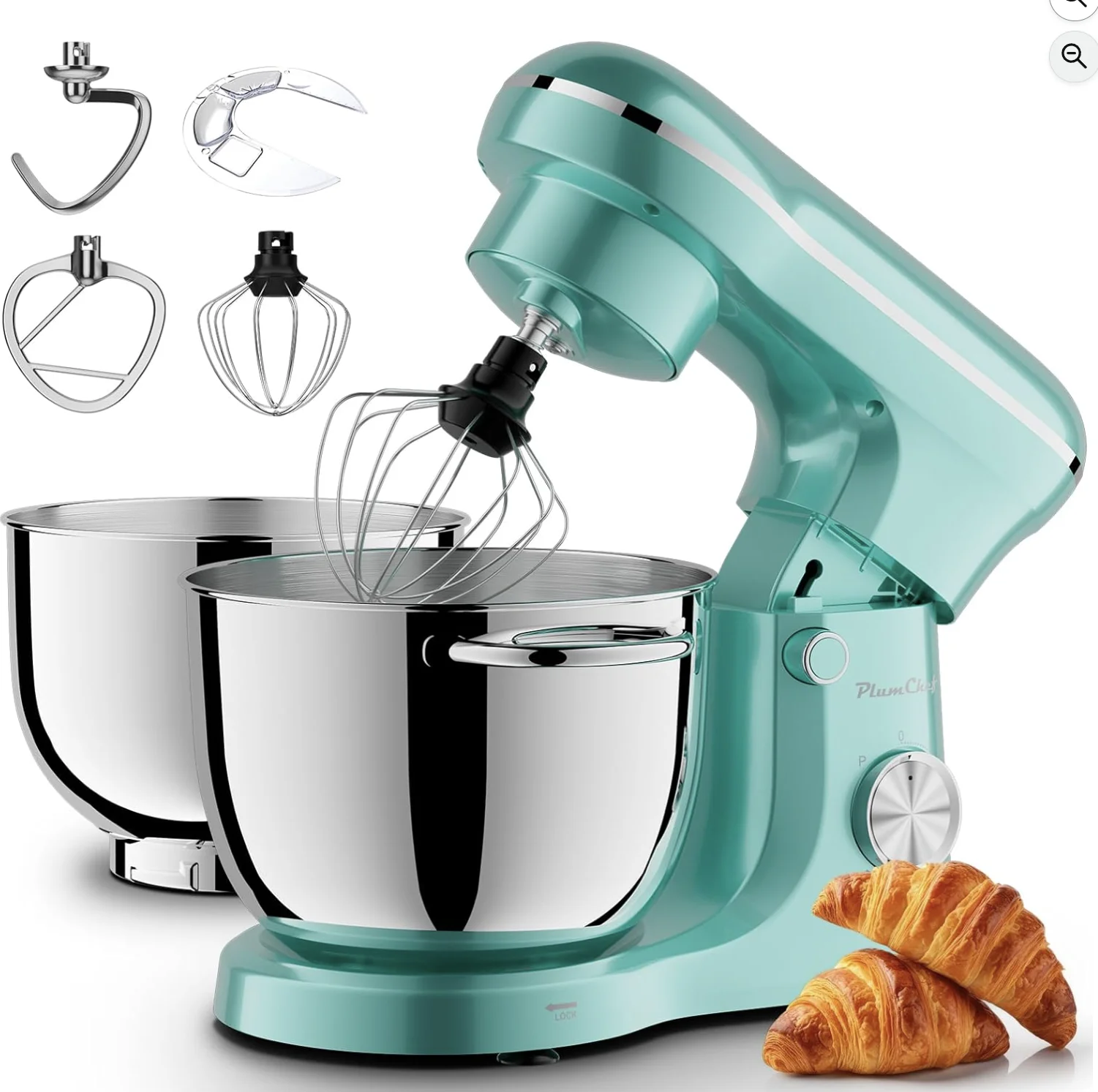 Plum Chef 6QT & 5QT Standmixer mit zwei Schüsseln, 10-Gang-Kippkopf-Küchenmaschine mit elektronischem Timer, Teigmixer – Blau