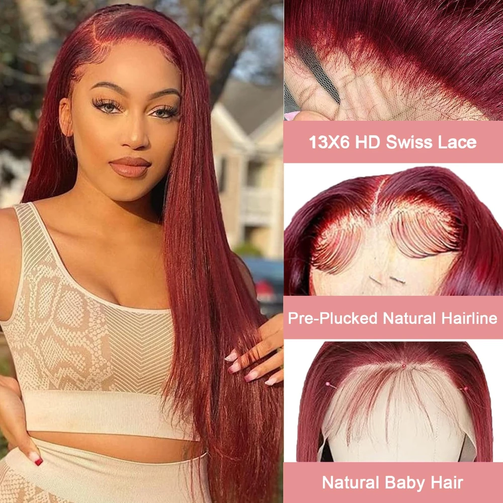 99j 13x4 13x6 كامل أمامي الدانتيل البرازيلي بورجوندي مستقيم الباروكات الأمامية HD الدانتيل الشفاف العظام شعر طبيعي مفرود الباروكات